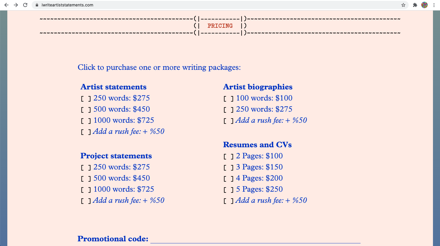 I built a custom form here so users can customize their artist statement and check out through paypal :0